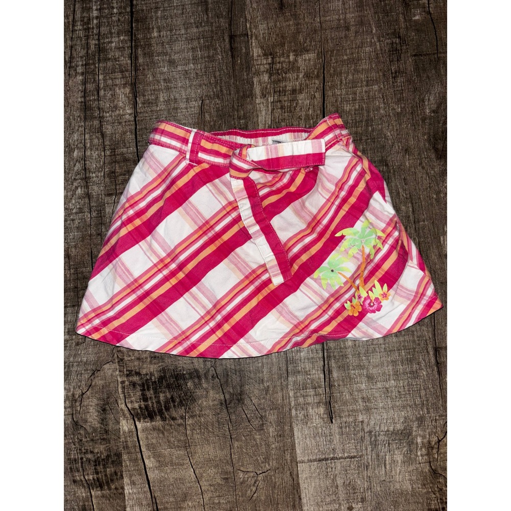 TKS Basics Girls Pink Plaid Palm Tree Skort Size 4 Cotton Skirt Shorts